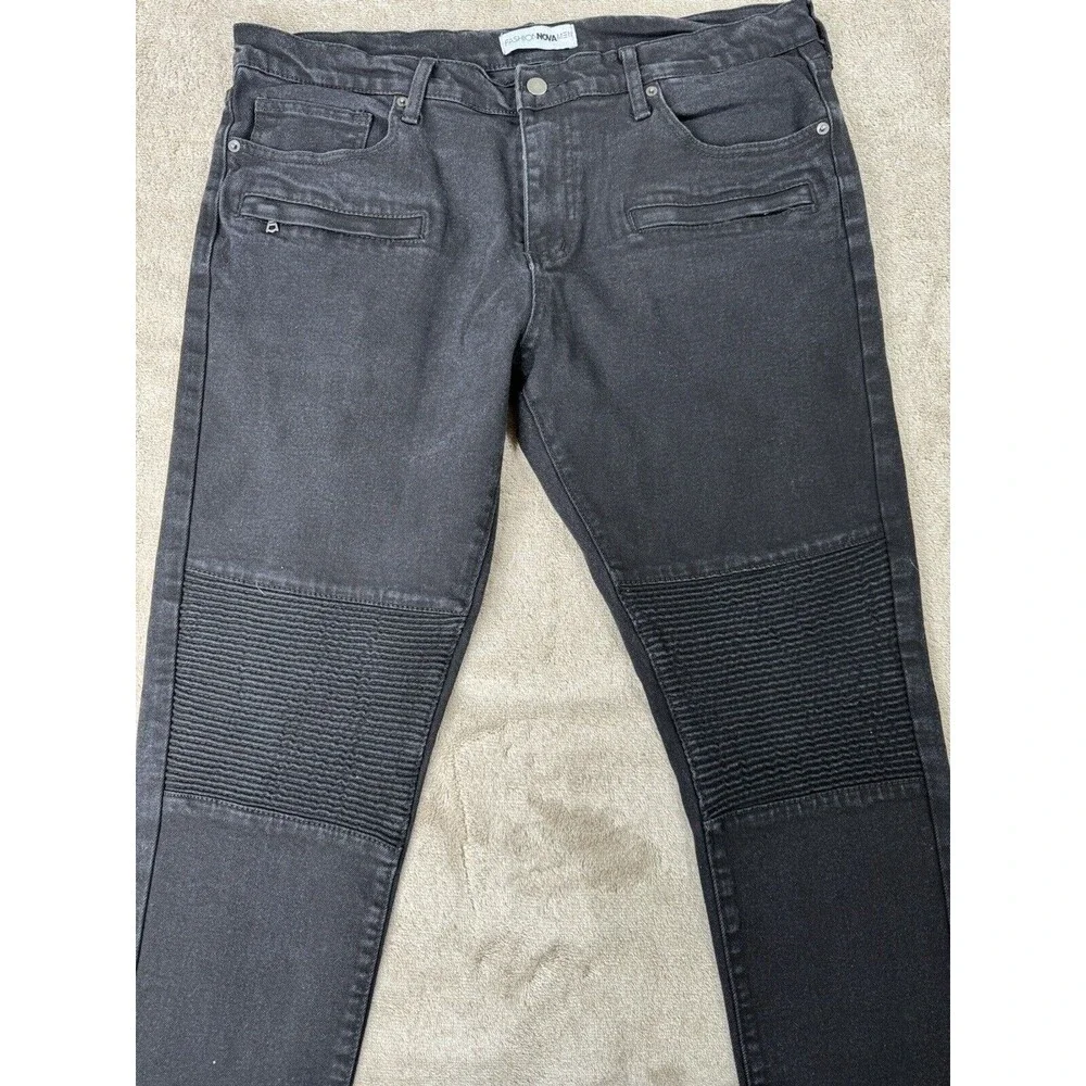Fashion Nova Men Moto Skinny Jeans Black Stretch Biker Zip Pocket 38x30 Mens